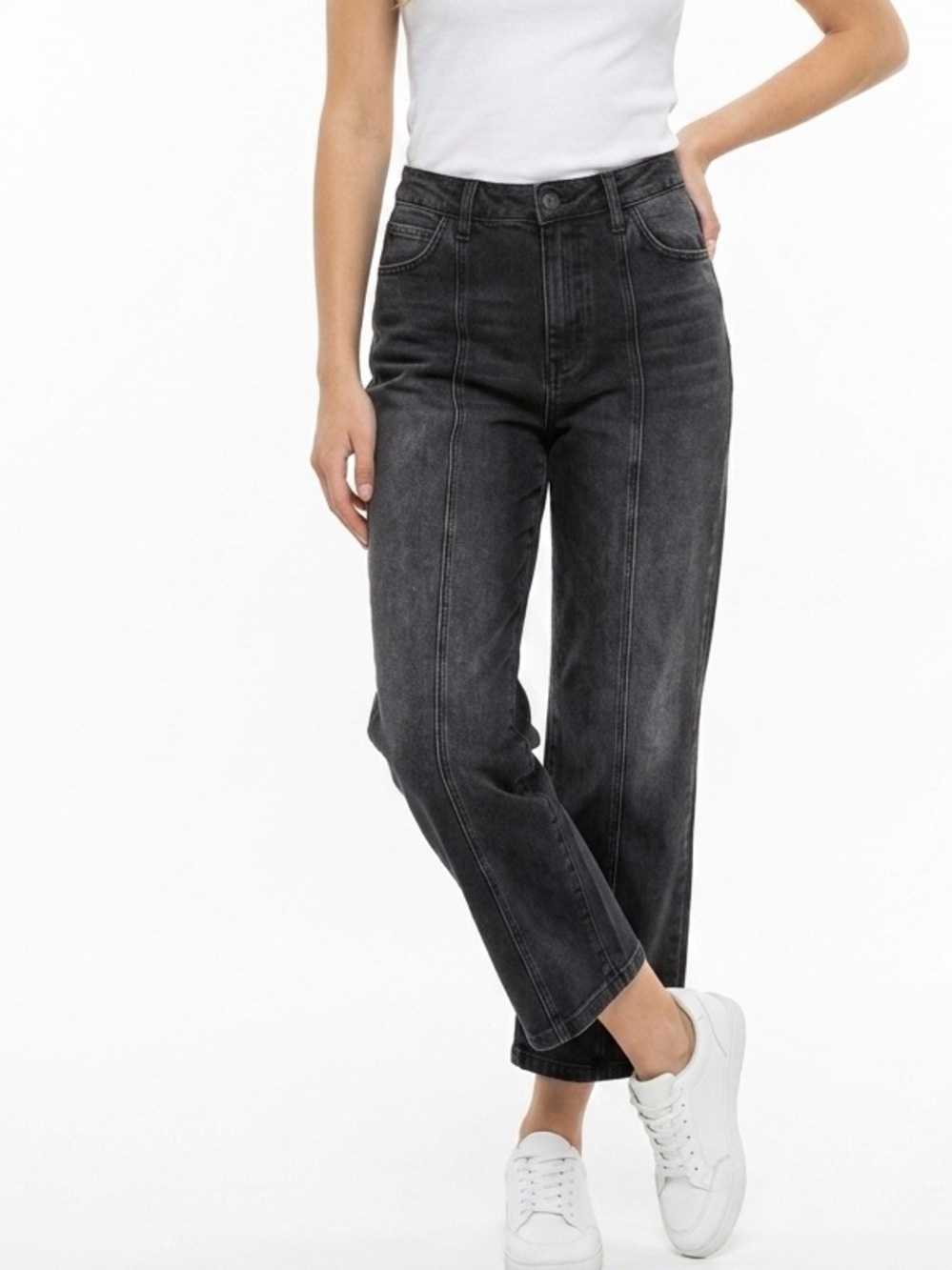 American Bazi Womens High Rise Wide Leg Stack Jeans Black Wash Fnt Seam RJH-9993
